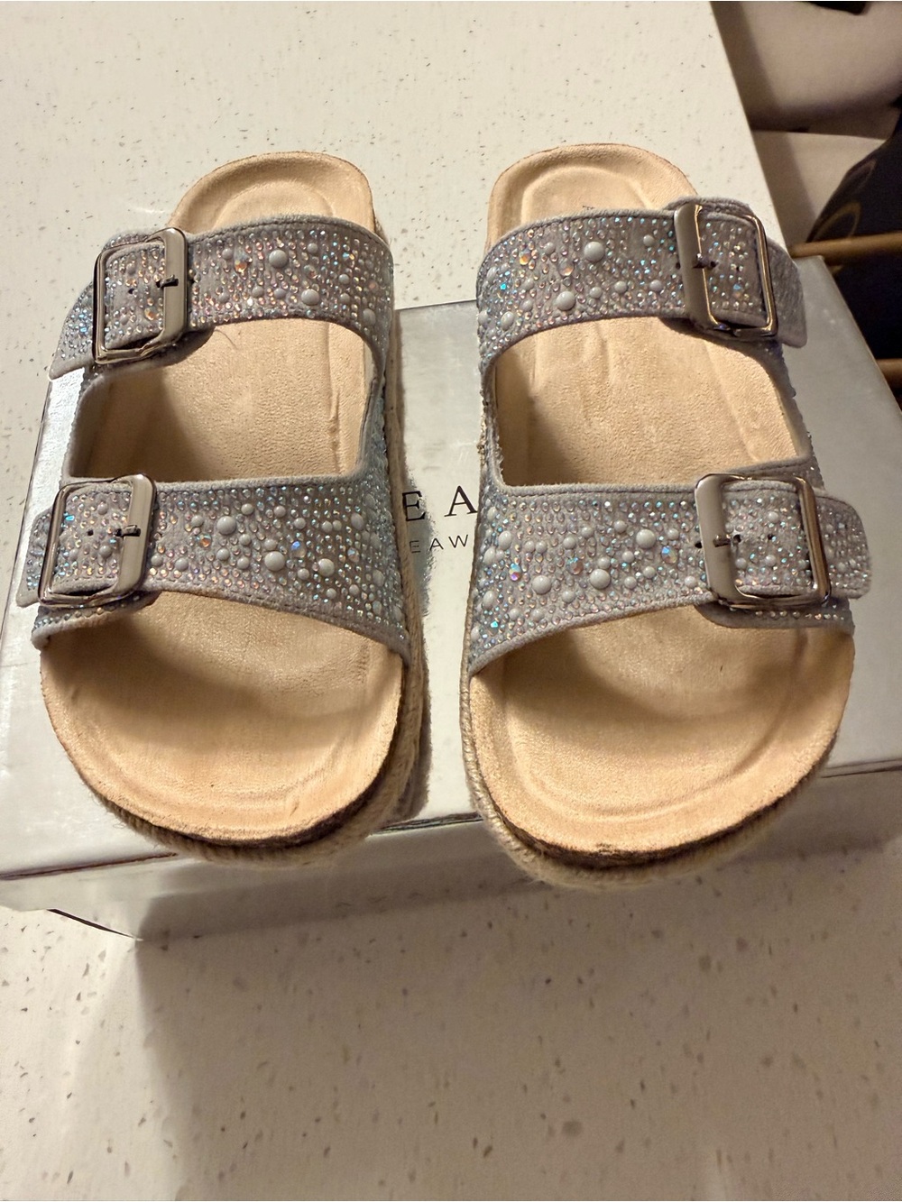 Embellished Double-Buckle Slide Sandals - Silver